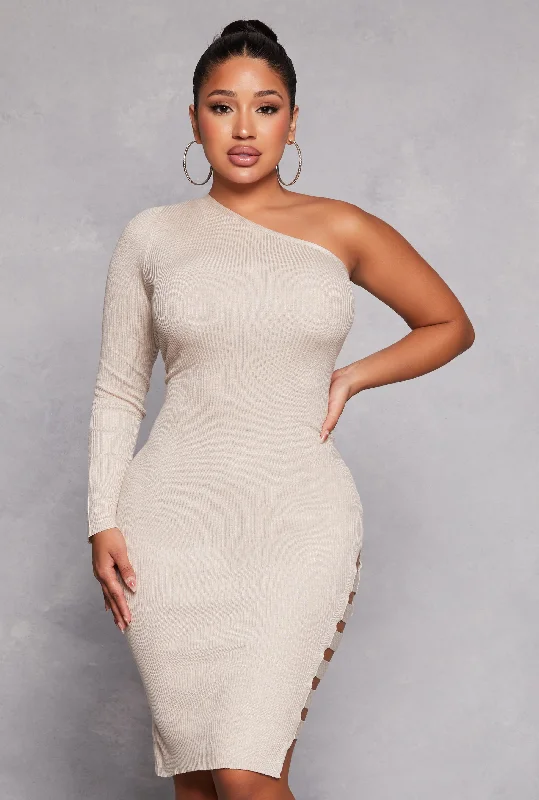 Ribbed One Shoulder Caged Side Detail Midi Dress