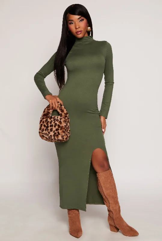 Mock Neck Side Slit Maxi Dress