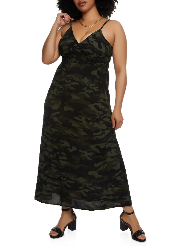 Plus Size Printed Smocked V Neck Maxi Dress