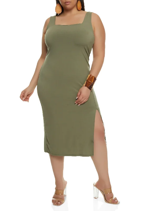 Plus Size Square Neck Midi Side Slit Tank Dress