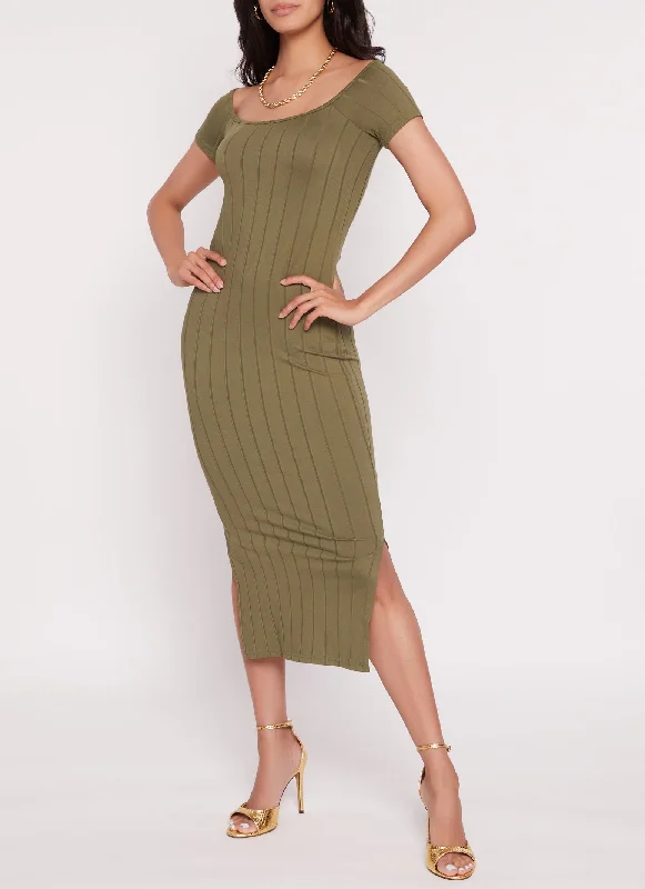 Ribbed Off The Shoulder Side Slit Midi Dress