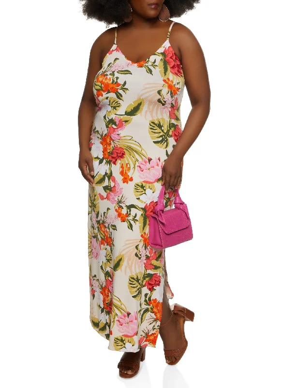 Plus Size Tropical Print Cami Maxi Dress