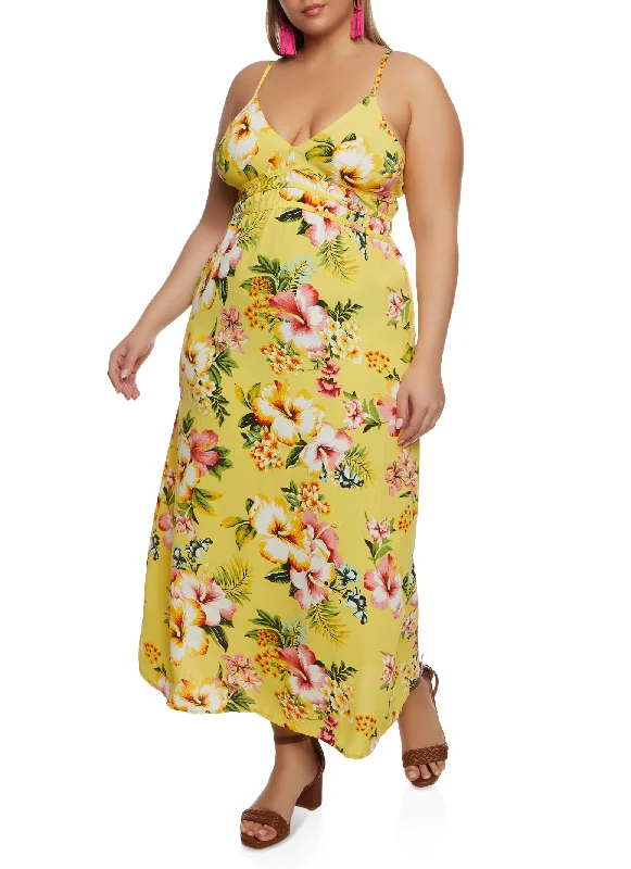 Plus Size Floral Print V Neck Maxi Sundress