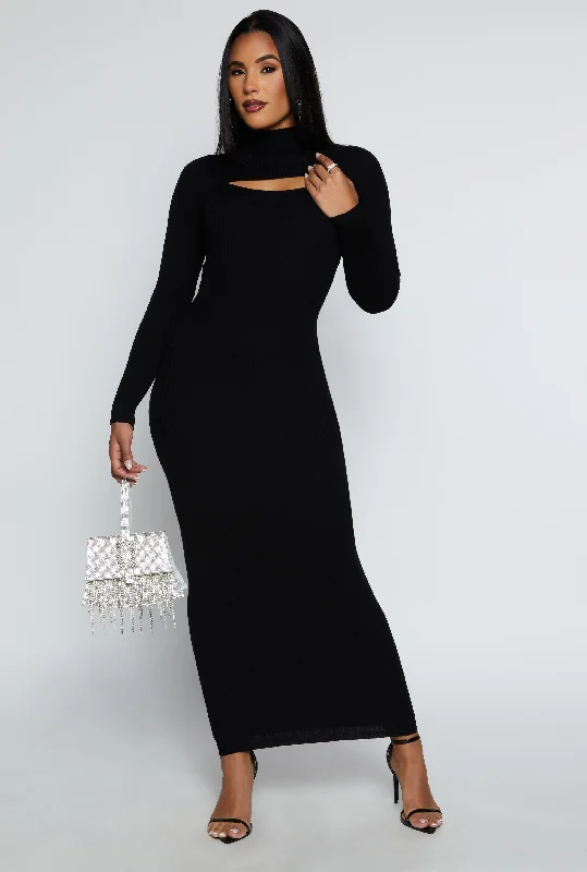 Ribbed Knit Cut Out Long Sleeve Maxi Dress