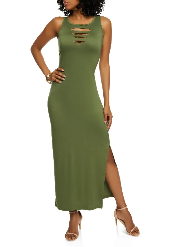 Laser Cut Front Side Slit Tank Maxi Dress