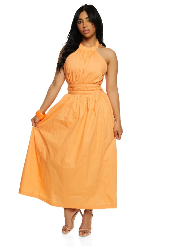 Poplin Tie Back Halter Neck Maxi Dress