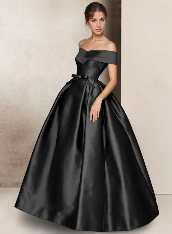 A-Line Evening Gown Elegant Black Dress Short Sleeve Strapless Satin with Bow(s)