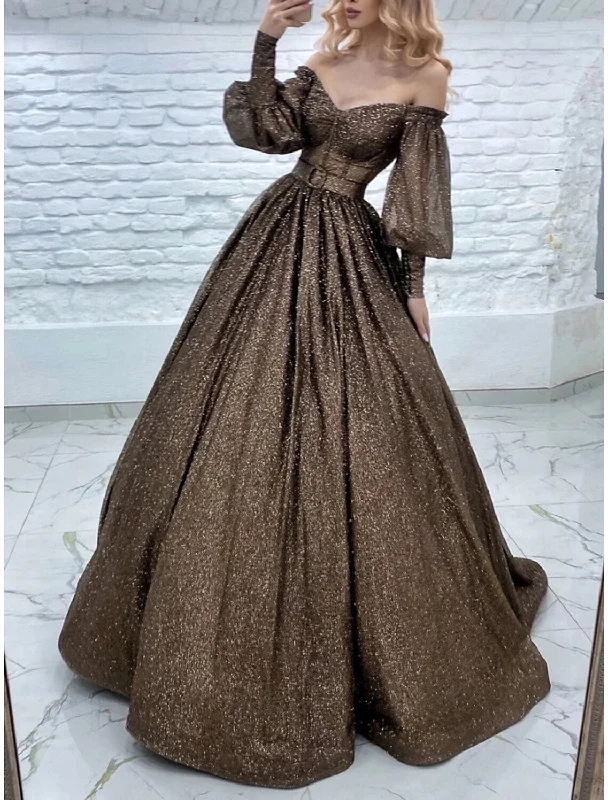 A-Line Evening Gown Elegant Dress Formal Court Train Long Sleeve Off Shoulder Lurex Fabric with Pleats Strappy