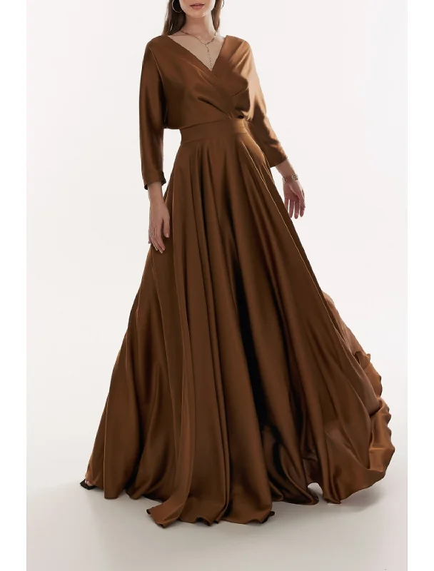 A-Line Evening Gown Elegant Dress Formal Fall Sweep / Brush Train 3/4 Length Sleeve V Neck Satin with Pleats