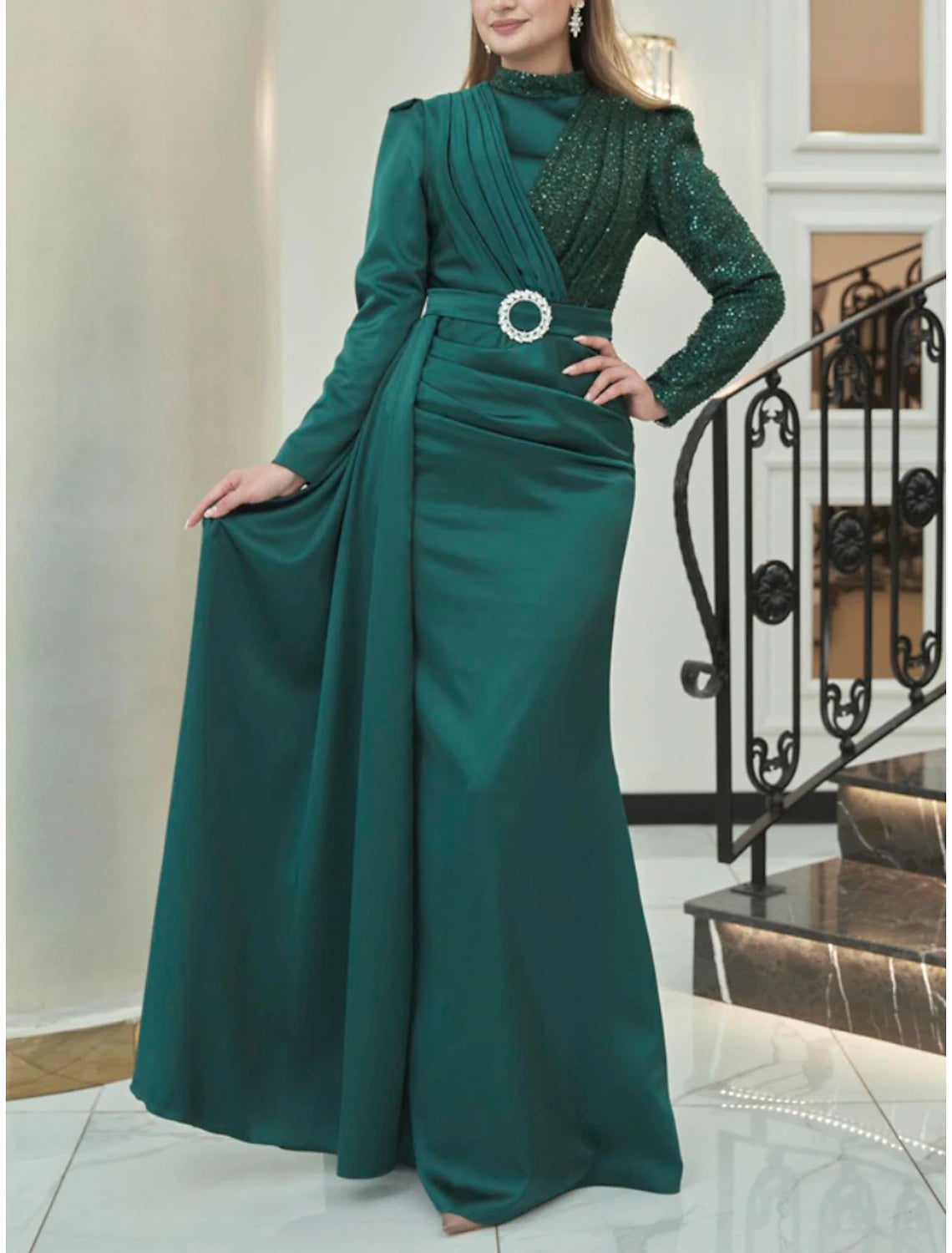 A-Line Evening Gown Sparkle & Shine Dress Formal Christmas Floor Length Long Sleeve High Neck Satin with Glitter Ruched