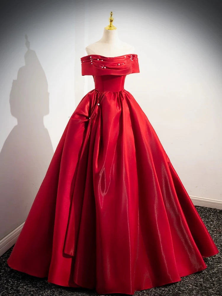 A-Line Off Shoulder Satin Red Long Prom Dress Evening Dress Ballgown