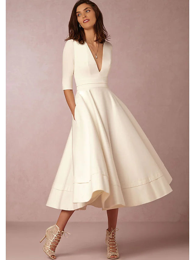 A-Line Special Occasion Dresses Party Dress Holiday Tea Length Half Sleeve V Neck Pocket Jersey with Pleats