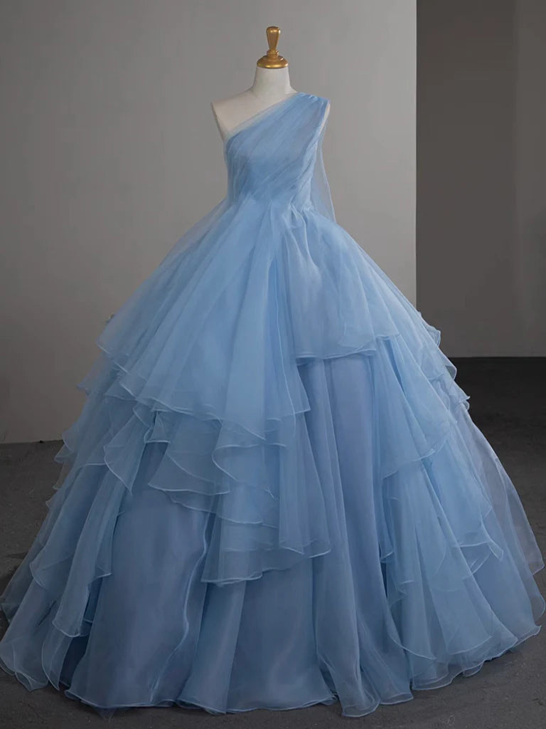 Ball Gown One Shoulder Tulle Blue Ruffle Tiered Long Prom Dress Evening Dress