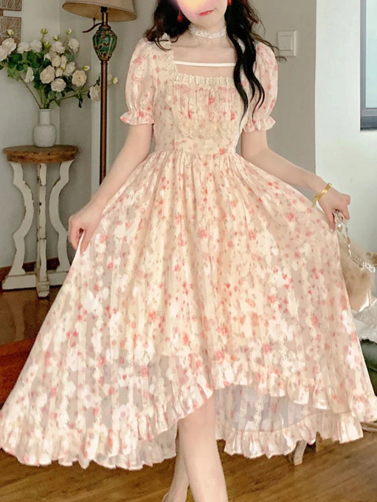 2024 Elegant Lolita Party Women Korean Fashion Holiday Floral Dress