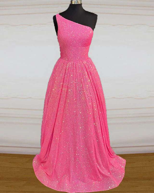 Hot Pink Sequin Prom Dress One Shoulder Glitter Evening Dresses