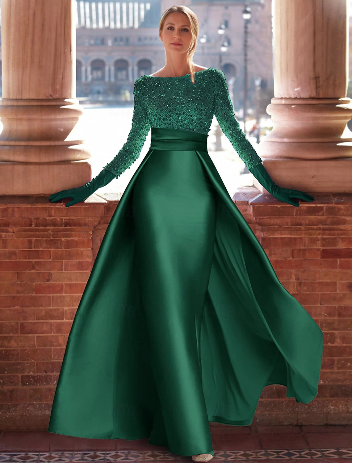 A-Line Evening Gown Formal Christmas Floor Length Long Sleeve Jewel Neck Satin with Glitter Slit