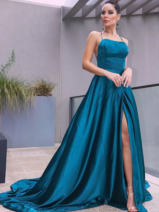 Prom Dresses Beautiful Back Dress Party Wear Court Train Sleeveless Spaghetti Strap Satin with Slit