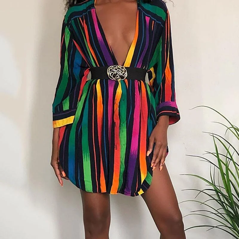 FashionSierra - Rainbow color striped print shirt dress women Long sleeve short shirt dress summer streetwear party casual vestidos