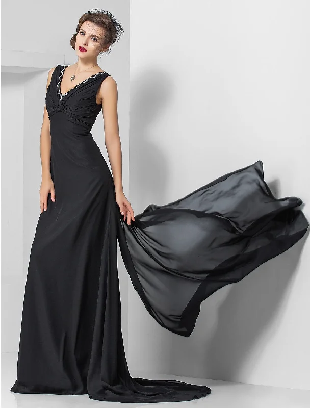 Sheath / Column Elegant Engagement Formal Evening Dress V Neck Sleeveless Sweep / Brush Train Chiffon with Crystals Draping