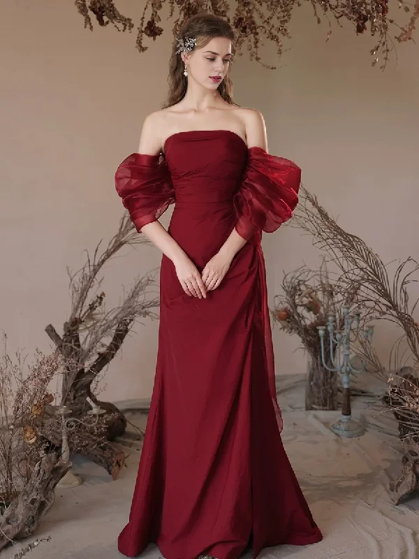 Simple Off Shoulder Satin Burgundy Long Floor-length Prom Dress Evening Dress