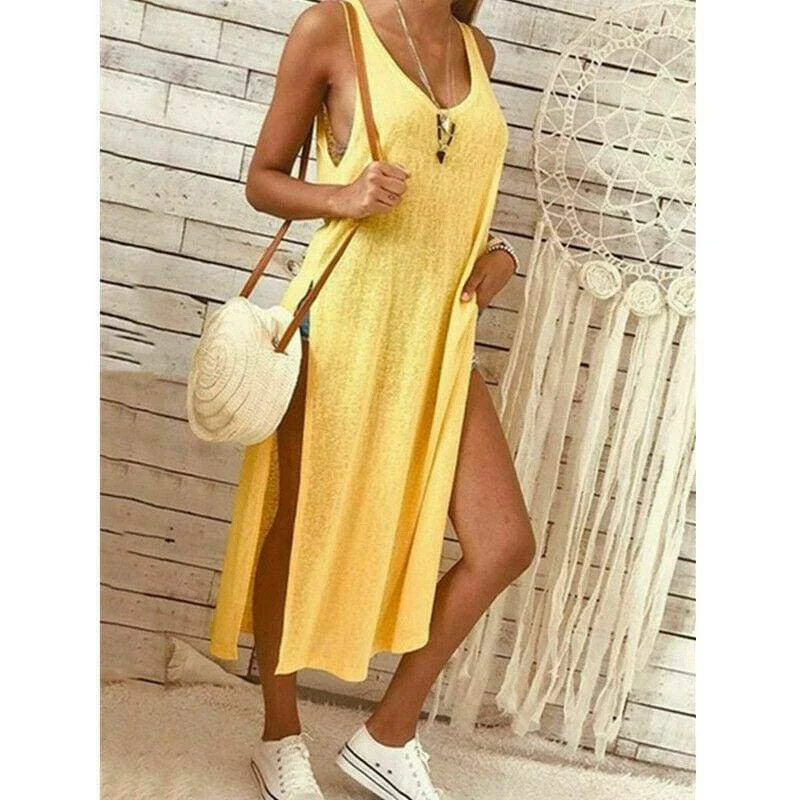 FashionSierra - Summer Women's Solid Color Split Sleeveless V-Neck Loose Casual Party Bohemian Dress Holiday Beach Sundress