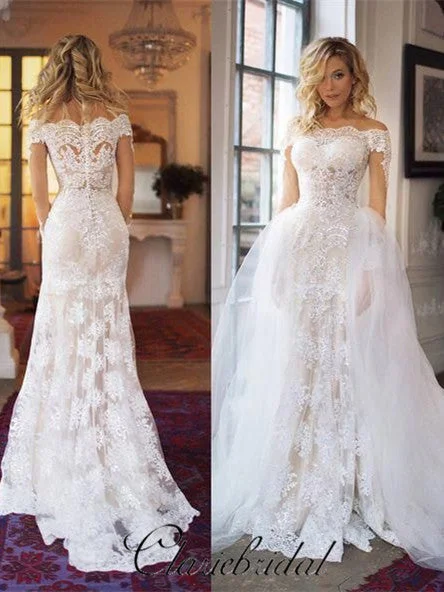 2 Pieces Sheath Lace Tulle Wedding Dresses, Lunury Bridal Gown