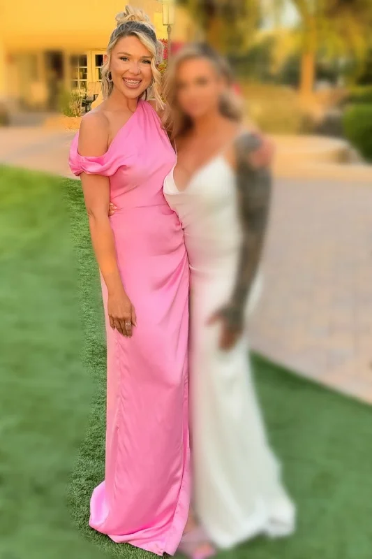 Asymmetrical Maxi Bridesmaid Dress with Slit in Pink