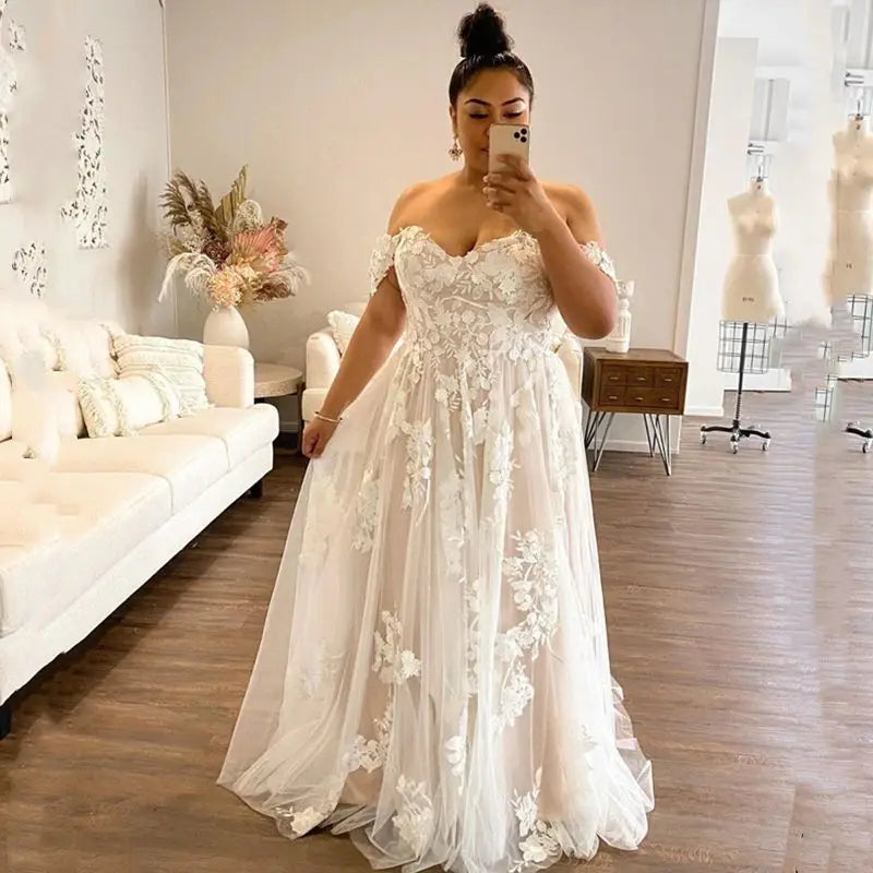 Beach Plus Size Wedding Dress Sweetheart Off The Shoulder Appliques Soft Tulle Bridal Gowns Sexy Open Back A-Line Robe De Mariée