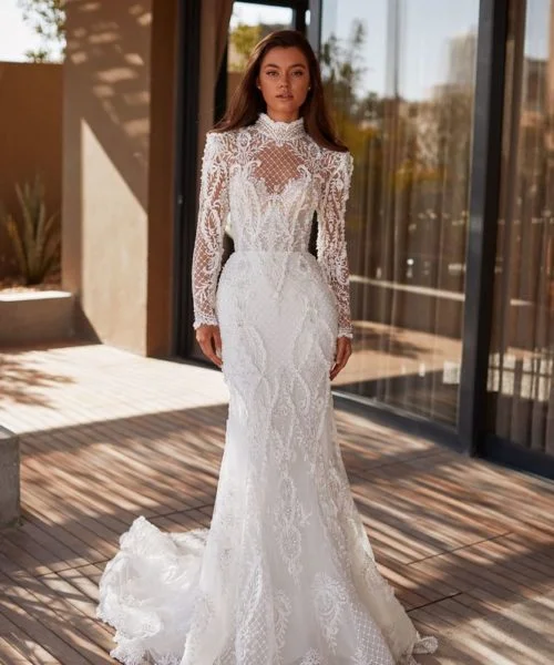 Charming  Lace Mermaid Wedding Dress for Women Tulle Illusion High Neck Long Sleeve Bridal with Back Button Vestido De Novia