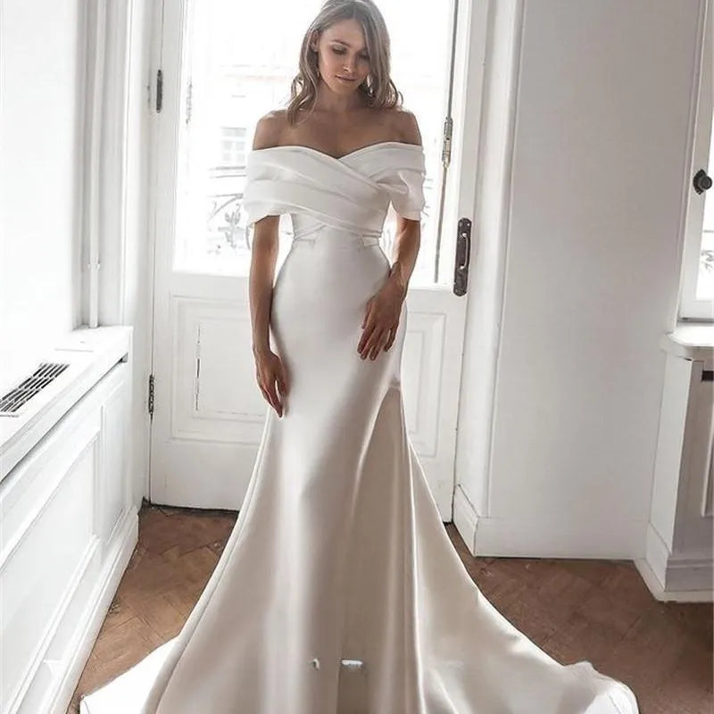 Charming Off-the-Shoulder Satin Mermaid Wedding Dresses Mermaid Sleeves Court Train Customize  To Measures Robe De Mariee