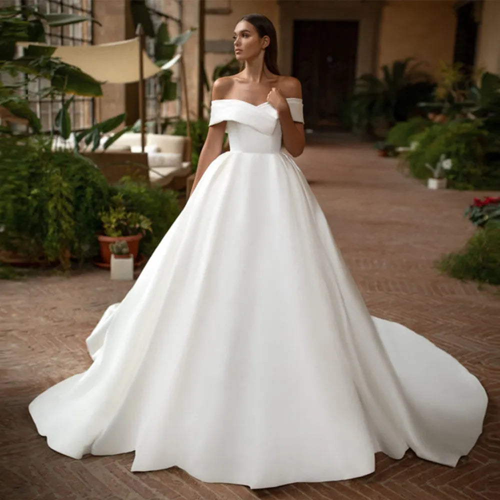 Charming Off the Shoulder Wedding Dress Short Sleeve A-Line Floor Length with Sweep Train Bridal Formal Church Marriage Gowns