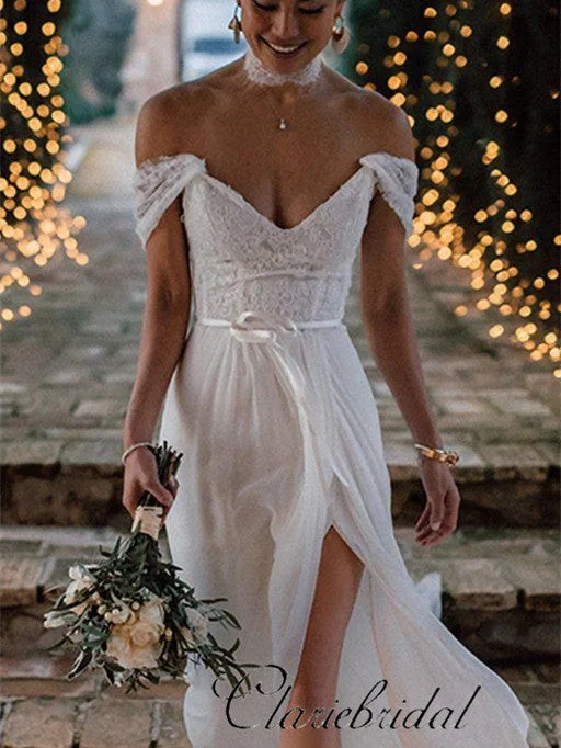 Off Shoulder Lace Top Side Slit Boho Wedding Dresses, Long Wedding Dresses