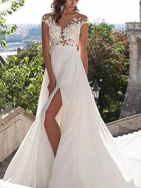 Sexy Boho Lace Top Side-slit Cheap A-line Long Beach Wedding Dress, PD0046