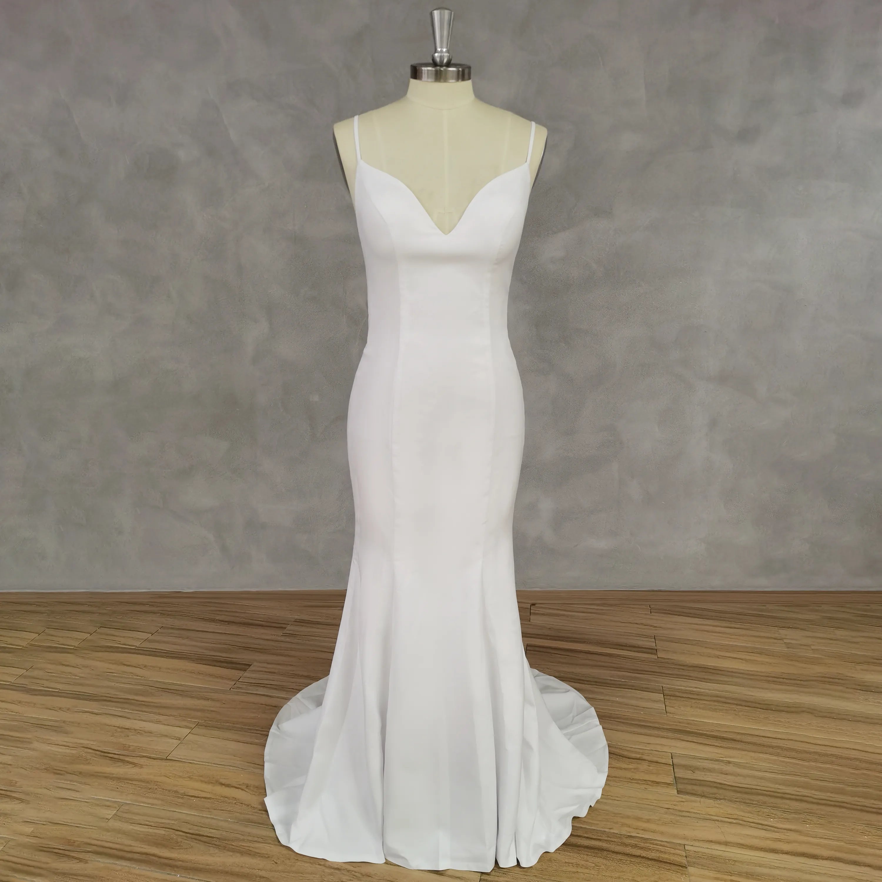 V-Neck Sleeveless Bow Crepe Mermaid Wedding Dress Open Back Button Court Train Bridal Gown