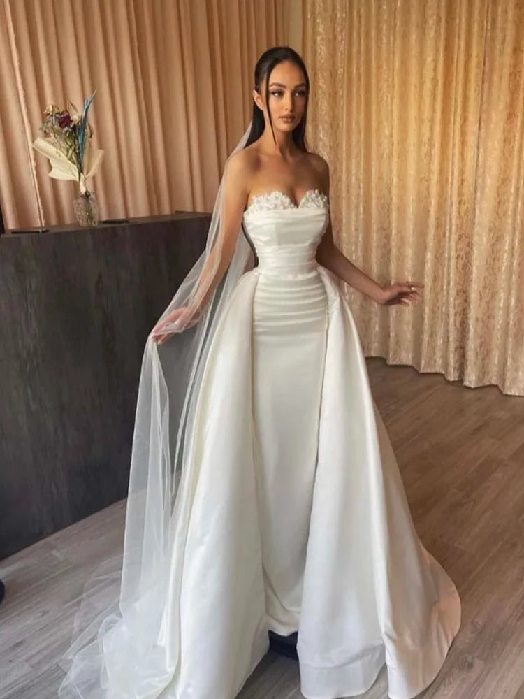 Sweetheart  Mermaid Wedding Dress With Detachable Train Lace up Back Appliques Sleeves Pearl Bridal Gown With a Veil