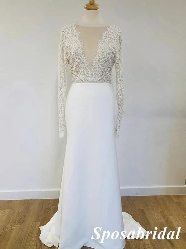 Elegant Lace and Chiffon Long Sleeves Open Back Mermaid Long Wedding Dresses, WD3104