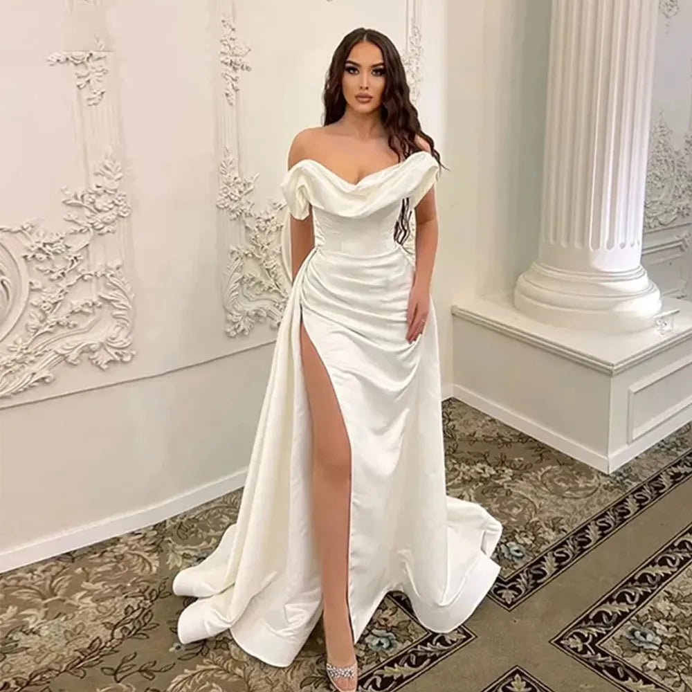 Elegant Satin Wedding Dresses For Bride Ribbons Princess Backless Off Shoulder High Split Civil Bridal Gowns Chapel Train