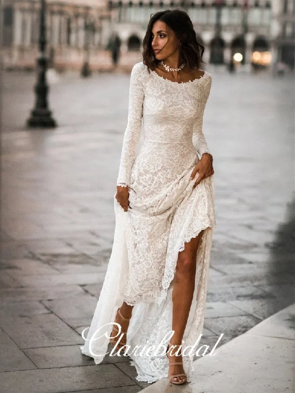 Ivory Long Sleeves Lace Wedding Dresses, A-line U-back Wedding Dresses, Country Wedding Dresses