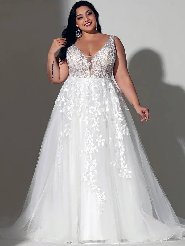 Lace Boho Wedding Dresses For Plus Size Women Bride Sleeveless A Line Ivory V Neck White Curve Bridal Gown