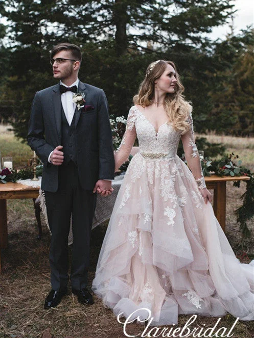 Long Sleeves V-neck Lace Tulle Country Wedding Dresses