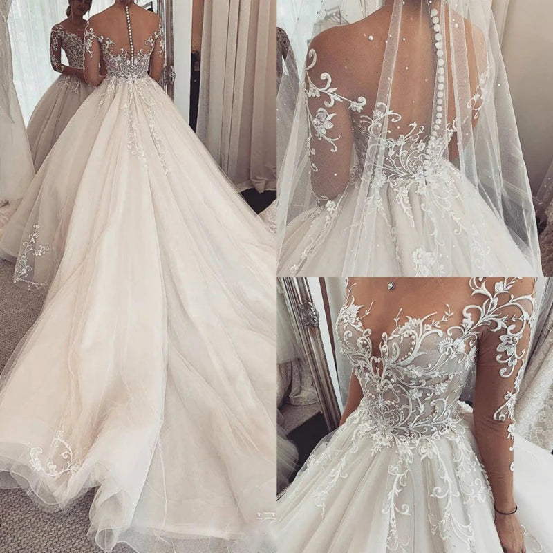 LoveDress Charming Lace Wedding Dress V-Neck Long Sleeves  Princess Wedding Gown Illusion Bride Gowns Buttons robe de mariee