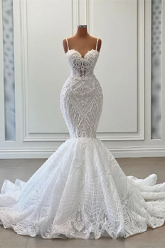 Luxury Lace Mermaid Wedding Dresses Spaghetti Straps Sweetheart Sparkle Bridal Gowns Elegant Robe de Mariée Engagement