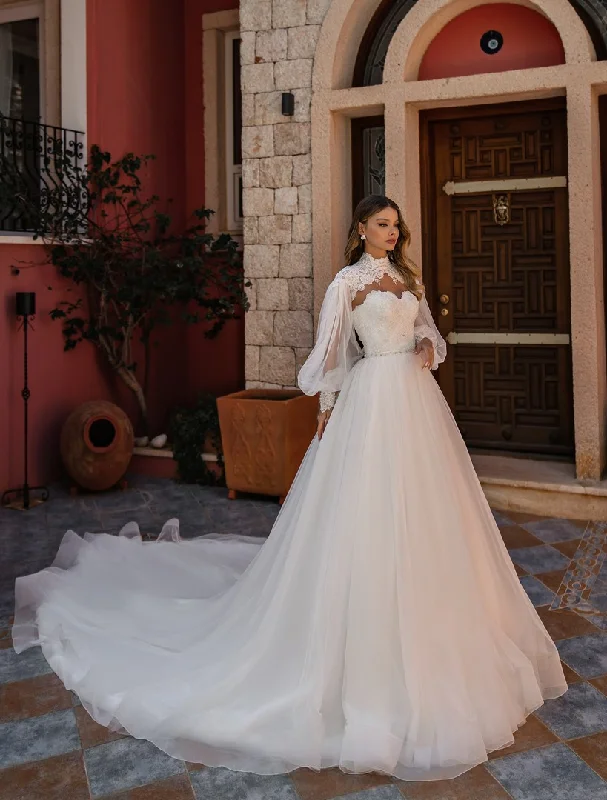 Luxury Puff Sleeve A-line Wedding Dress for Bride Princess Lace Tulle Sweetheart Floor Length Bridal Gown Boho Vestidos