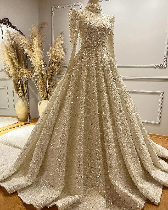 Luxury Sparkly Sequin Long Sleeve Muslim Wedding Dress for Bride High Neck Islamic Bridal Gowns Women Arabic Robe De Mariée