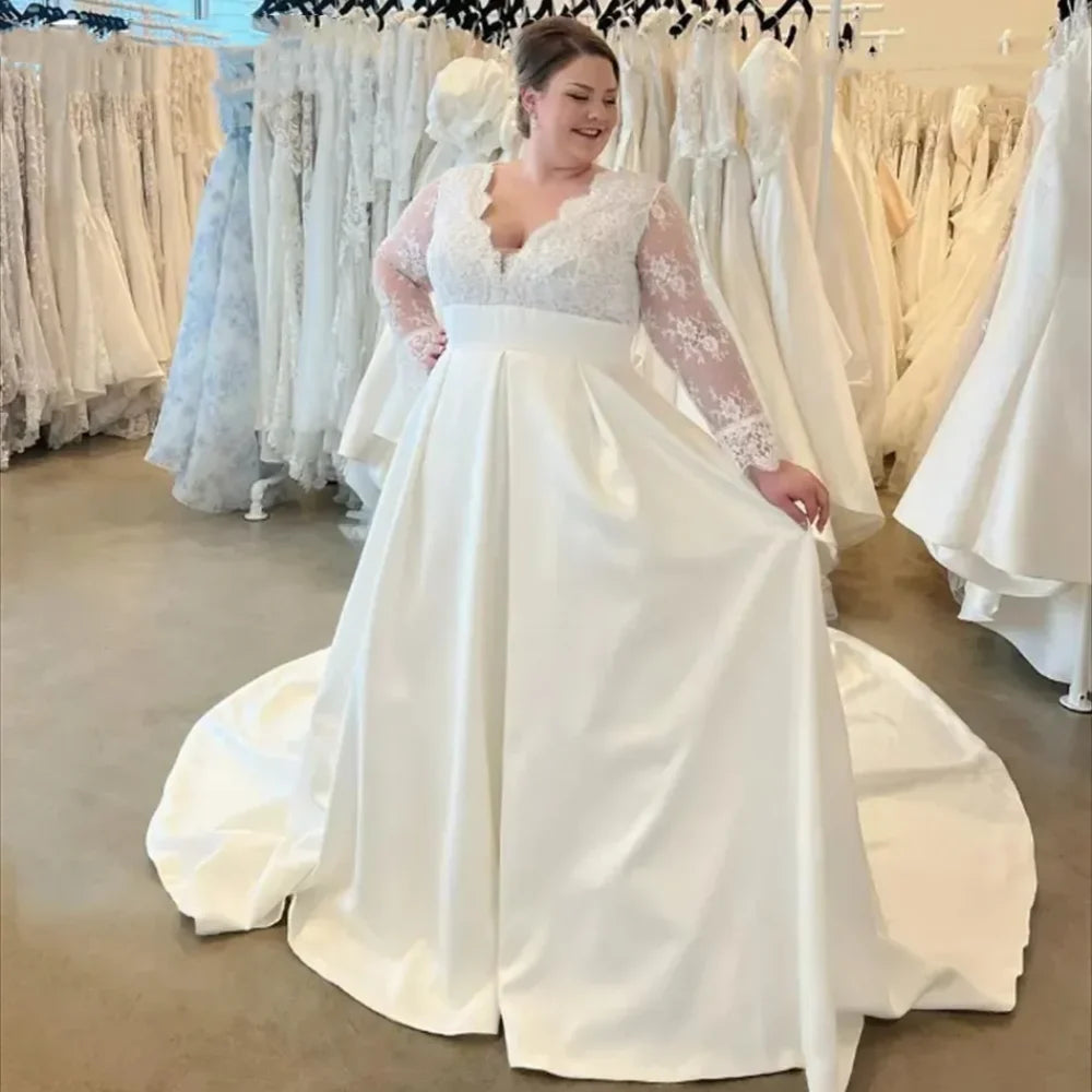 Plus Size Wedding Dresses with Long Sleeves Appliques Lace Sheer Back Satin A Line Garden Outdoor Beach Bridal Gowns