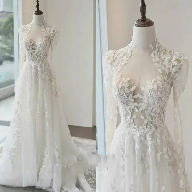 Romantic A Line Bride Dresses Vintage Lace Appliques Wedding Dress Wedding Long Sleeves Dresses for Woman Vestidos De Novia