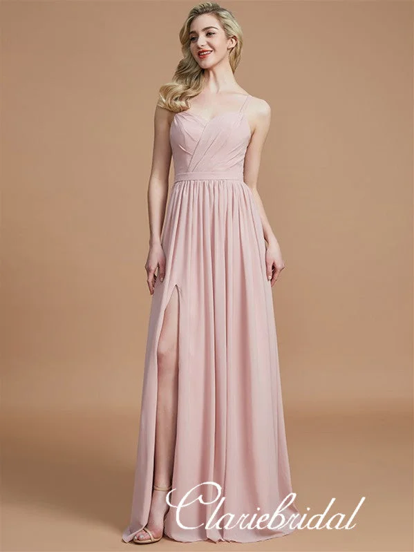 Spaghetti Long A-line Blush Pink Side Slit Chiffon Bridesmaid Dresses