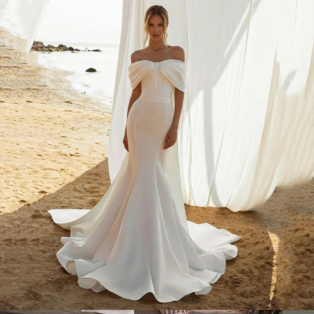 Strapless Off The Shoulder Mermaid Wedding Dresses For Women Backless Spandex Ribbon Cape Civil Elegant Bridal Gown