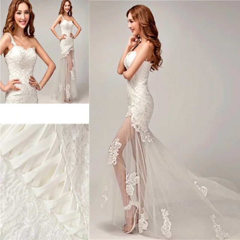 New Design One Shoulder Lace Top See Through Sexy Mermaid Lace Up Wedding Dresses, WD0143