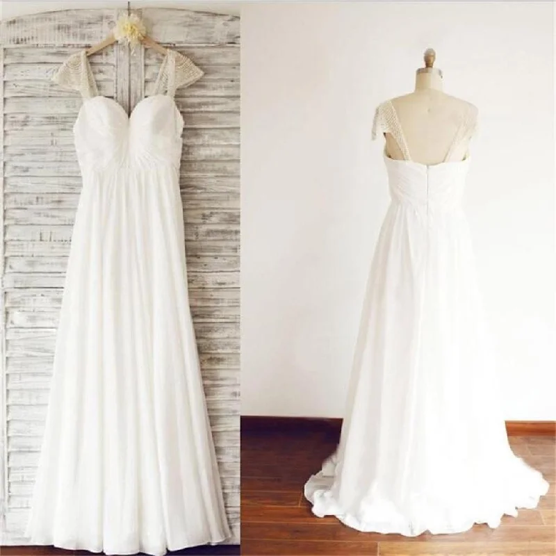 Cap Sleeve Elegant Sea Beach Cheap Chiffon Wedding Dresses With Beading, WD0176